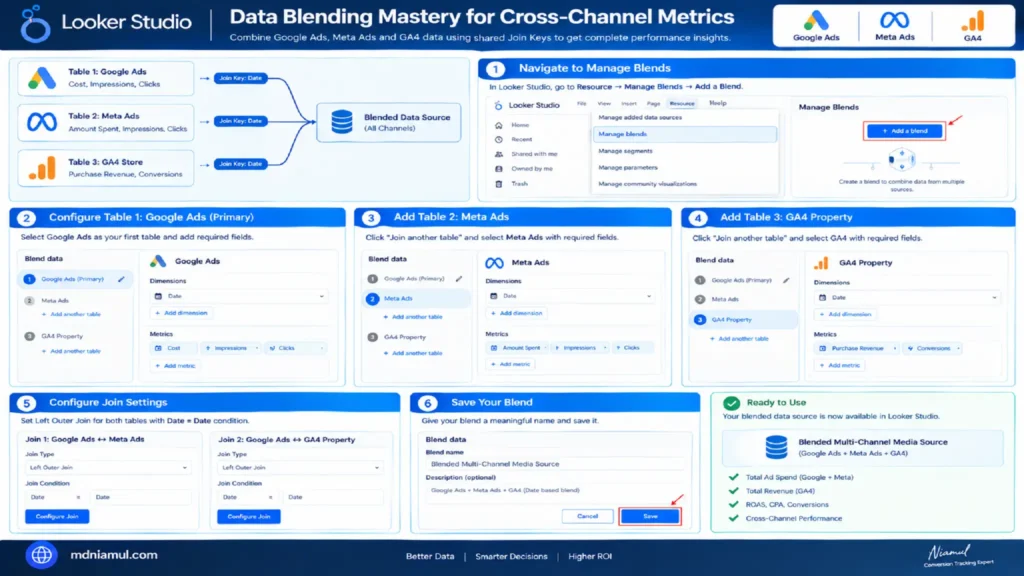 Diagnostic setup screen titled "Data Blending Mastery for Cross-Channel Metrics" illustrating a 6-step workflow in Looker Studio for joining Google Ads, Meta Ads, and GA4 data using Date as a join key with Left Outer Joins.