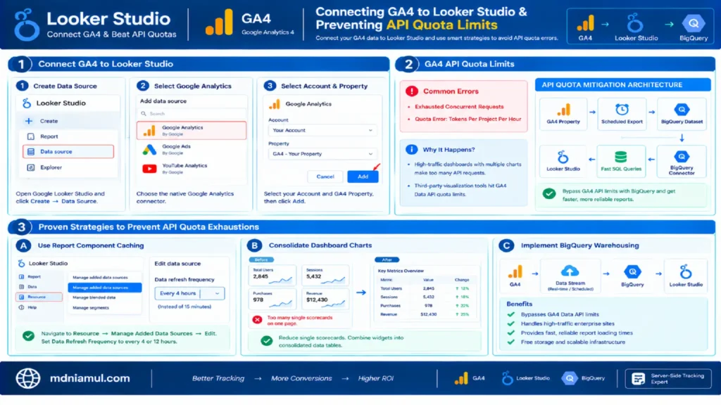 Diagnostic architecture setup screen titled "Connecting GA4 to Looker Studio & Preventing API Quota Limits" illustrating GA4 data source integration, API quota errors, quota mitigation architectures via BigQuery, and caching strategies.
