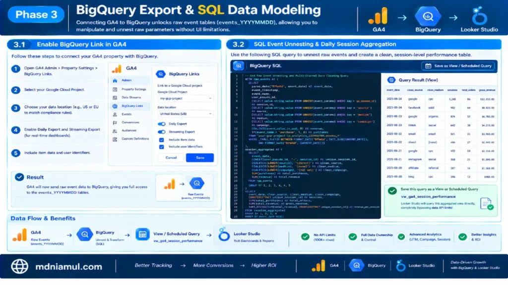 Technical architecture setup screen titled "Phase 3: BigQuery Export & SQL Data Modeling" showing GA4-to-BigQuery integration steps, BigQuery SQL event parameter unnesting query code, aggregated query result table, and pipeline architecture to bypass API quota limits.