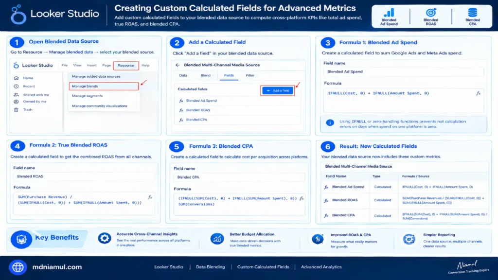Diagnostic setup screen titled "Creating Custom Calculated Fields for Advanced Metrics" illustrating a 6-step workflow in Looker Studio for setting up Blended Ad Spend, True Blended ROAS, and Blended CPA calculated fields.