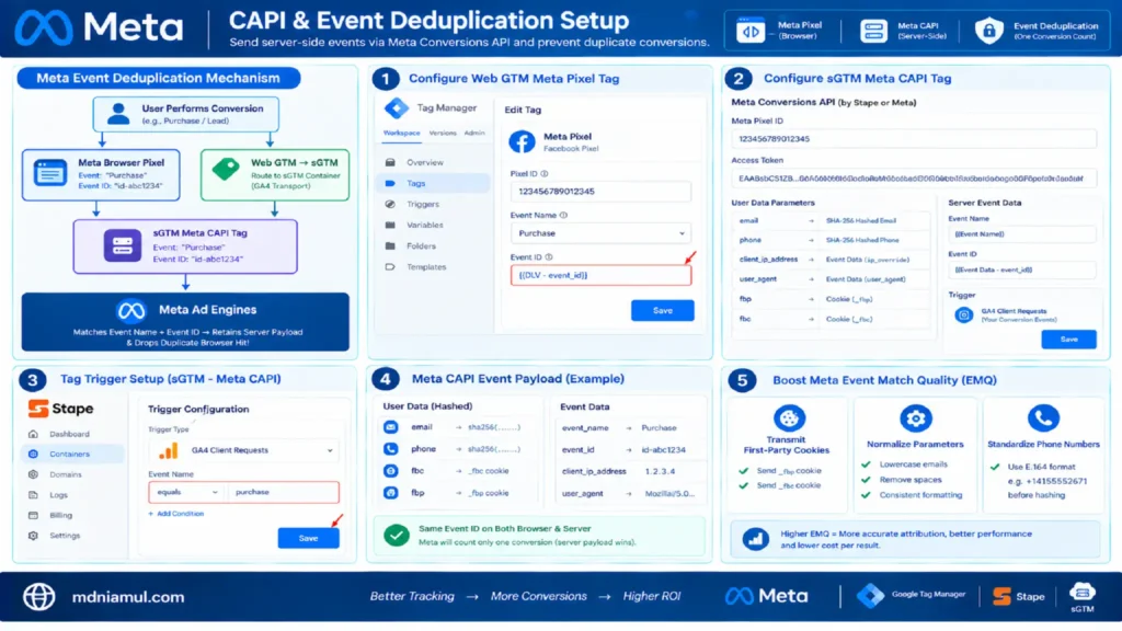 Diagnostic setup screen titled "Meta CAPI & Event Deduplication Setup" illustrating a dual-stream tracking setup for Meta Conversions API using Web GTM, sGTM, and event deduplication via unique Event IDs.