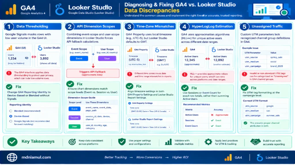 Technical diagnostic setup screen titled "Diagnosing & Fixing GA4 vs. Looker Studio Data Discrepancies" illustrating five main causes of data variance between GA4 UI and Looker Studio along with actionable fixes for accurate reporting.