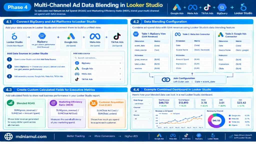 Technical setup screen titled "Phase 4: Multi-Channel Ad Data Blending in Looker Studio" illustrating data source connection steps, data blending join configurations across BigQuery and ad platforms, executive metric formulas, and sample dashboard output.