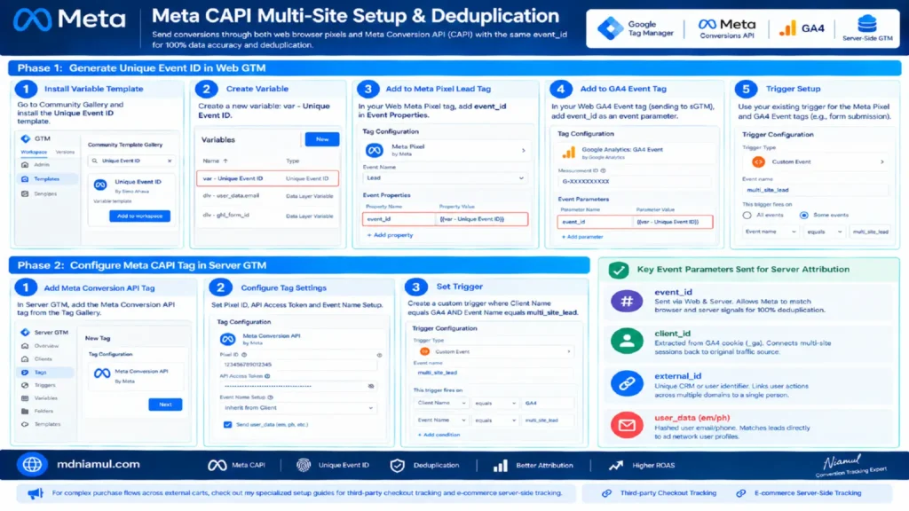 Diagnostic setup screen titled "Meta CAPI Multi-Site Setup & Deduplication" illustrating Phase 1 (Generate Unique Event ID in Web GTM) and Phase 2 (Configure Meta CAPI Tag in Server GTM) step-by-step workflows alongside server attribution parameters.