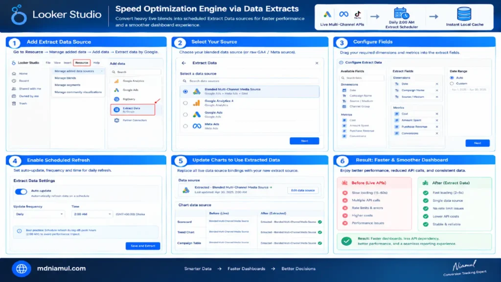Diagnostic setup screen titled "Speed Optimization Engine via Data Extracts" illustrating a 6-step workflow in Looker Studio for converting live multi-channel API data blends into scheduled data extracts for faster dashboard performance.