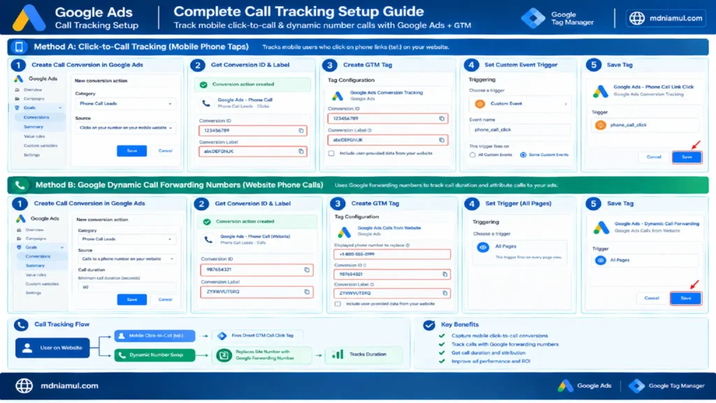 Diagnostic setup screen titled "Google Ads Complete Call Tracking Setup Guide" illustrating Method A (Click-to-Call Tracking) and Method B (Google Dynamic Call Forwarding Numbers) workflows in Google Ads and GTM.