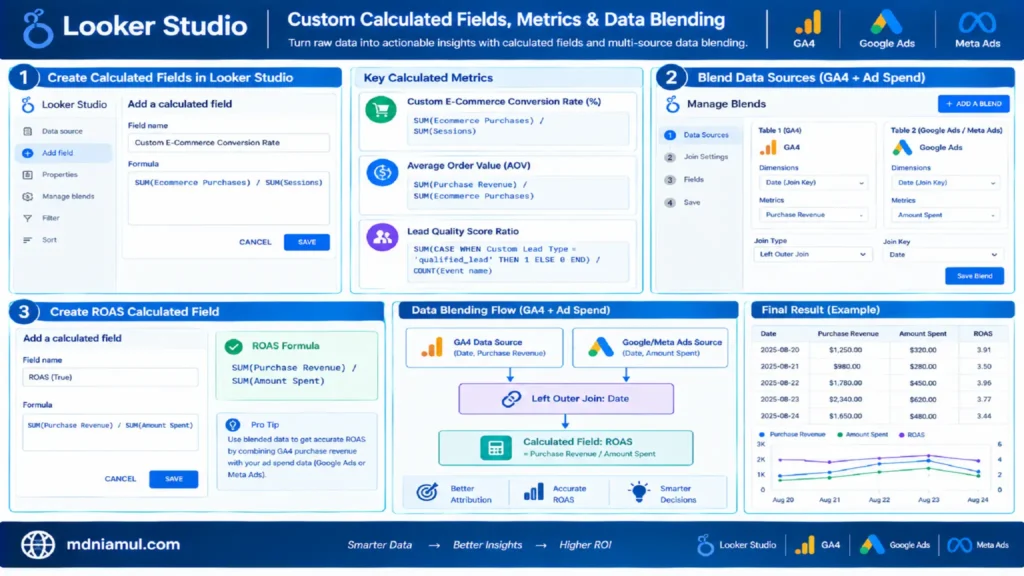 Diagnostic setup screen titled "Looker Studio | Custom Calculated Fields, Metrics & Data Blending" illustrating calculated metrics creation, multi-source data blending between GA4 and ad spend data (Google Ads / Meta Ads), Left Outer Join setup, and true ROAS reporting.