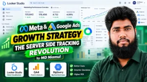 Thumbnail image titled "Meta & Google Ads GROWTH STRATEGY: THE SERVER SIDE TRACKING REVOLUTION by MD Niamul" featuring conversion specialist MD Niamul alongside a Looker Studio marketing dashboard, connected data sources, and a multi-stage analytics pipeline.