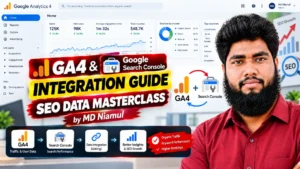 Technical setup screen titled "GA4 & Google Search Console INTEGRATION GUIDE - SEO DATA MASTERCLASS by MD Niamul" illustrating the linking flow between Google Analytics 4 and Google Search Console, organic search performance metrics, channel distribution, and top geographic regions.
