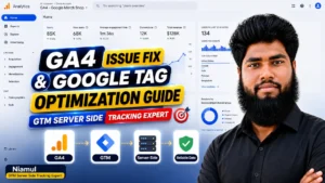 Diagnostic setup thumbnail titled "GA4 ISSUE FIX & GOOGLE TAG OPTIMIZATION GUIDE" featuring GTM Server Side Tracking Expert Niamul alongside a GA4 analytics dashboard displaying revenue and user growth metrics, supported by a 4-step server-side tracking data flow (GA4 $\rightarrow$ GTM $\rightarrow$ Server-Side $\rightarrow$ Reliable Data).