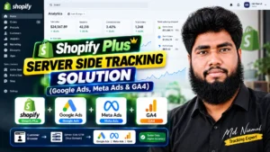 Diagnostic setup thumbnail titled "Shopify Plus SERVER SIDE TRACKING SOLUTION (Google Ads, Meta Ads & GA4)" featuring Tracking Expert Md Niamul alongside a Shopify analytics dashboard displaying $24,567.89 in total sales, supported by a 4-stage server-side data routing pipeline.