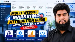 Thumbnail image titled "MULTI-WEBSITE MARKETING ATTRIBUTION GUIDE sGTM, GA4 & CAPI SETUP" featuring conversion tracking specialist MD Niamul alongside Meta Ads Manager performance metrics and a multi-website tracking pipeline.