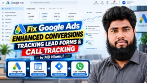 Thumbnail image titled "Fix Google Ads ENHANCED CONVERSIONS TRACKING LEAD FORMS & CALL TRACKING" featuring conversion tracking specialist MD Niamul alongside Google Ads campaign performance metrics, enhanced conversion status, and tracking workflow icons.