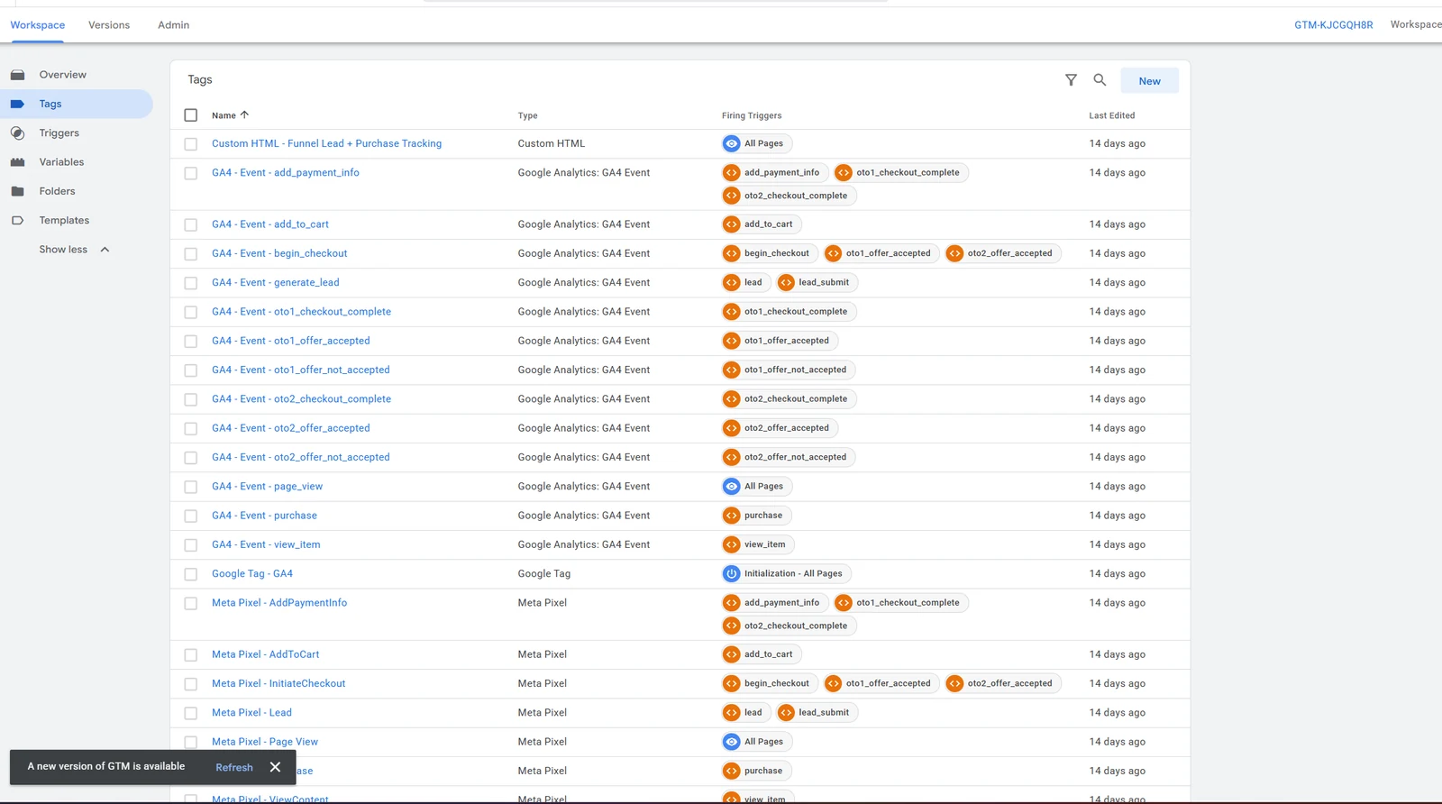 Google Tag Manager container with GA4 and Meta Pixel tags for every step of the High-Level CRM funnel