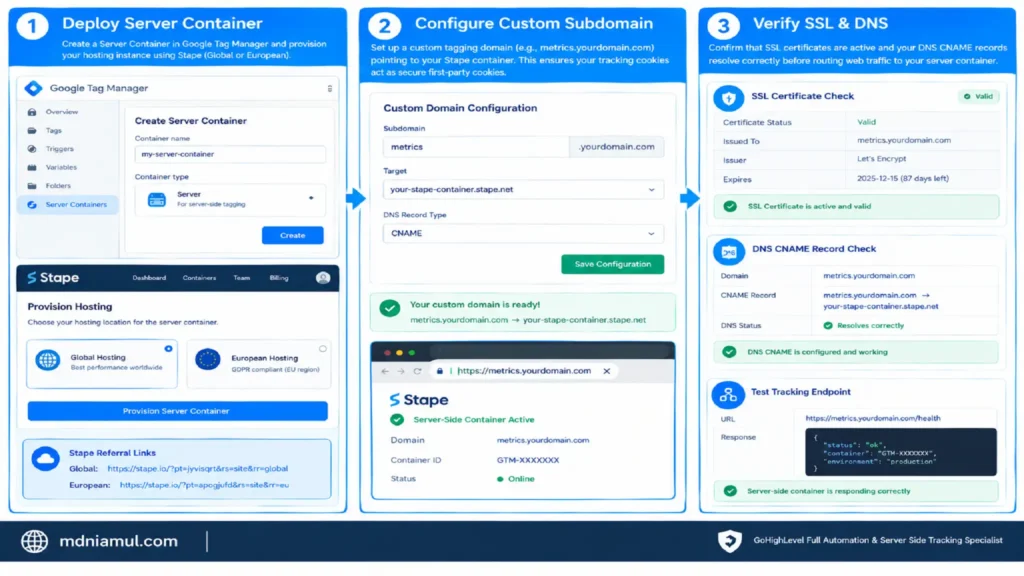 Technical setup infographic titled "Server Container Provisioning, Custom Subdomain & Verification Guide" detailing 3 operational phases: GTM Server Container creation with Stape hosting, Custom Subdomain CNAME setup, and SSL certificate, DNS resolution, and endpoint verification.