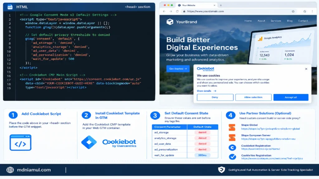 Standard analytics setups often fail to differentiate specific regional or privacy-focused organic search engines or capture custom landing page engagement attributes. This guide details the 5-step technical setup for deploying a Custom JavaScript variable in GTM, capturing search engine referrers (google, bing, duckduckgo, baidu, yandex, ecosia), passing structured dataLayer events, and routing rich organic telemetry into GA4 and Looker Studio. WEBP + 1 5-Step Implementation Workflow 1. Enable Built-In Variables in GTM: In Google Tag Manager, navigate to Variables → Configure, and enable built-in variables across Pages (Page URL, Page Path, Referrer), Clicks (Click Element, Click Classes, Click ID, Click Target, Click URL, Click Text), Forms, and Scrolling (Scroll Depth Threshold, Scroll Depth Units, Scroll Direction). WEBP 2. Create Custom JavaScript Variable: Create a new Custom JavaScript variable named cjs - organicSearchEngine to evaluate {{Referrer}} strings and classify traffic into organic search engine buckets. WEBP 3. Confirm Variable List Registration: Verify that cjs - organicSearchEngine appears as an active Custom JavaScript variable under the User-Defined Variables list. WEBP 4. Verify Variable in Debug Mode: Launch GTM Preview/Debug mode, navigate from an organic landing URL, and verify that cjs - organicSearchEngine outputs values like Google Organic alongside Referrer and Page Path attributes. WEBP 5. Configure Tags, Triggers & DataLayer Payloads: Create a Custom Event trigger (organic_search_engagement), configure a GA4 Event Tag (seo_organic_landing) mapped with custom parameters (referrer, landing_path), and verify execution alongside Consent Mode v2 states. WEBP Custom JavaScript Organic Engine Detection Script JavaScript function() { var ref = {{Referrer}}; if (!ref) return 'direct'; if (ref.indexOf('google.') !== -1) return 'Google Organic'; if (ref.indexOf('bing.') !== -1) return 'Bing Organic'; if (ref.indexOf('yahoo.') !== -1) return 'Yahoo Organic'; if (ref.indexOf('duckduckgo.') !== -1) return 'DuckDuckGo Organic'; if (ref.indexOf('baidu.') !== -1) return 'Baidu Organic'; if (ref.indexOf('yandex.') !== -1) return 'Yandex Organic'; if (ref.indexOf('ecosia.') !== -1) return 'Ecosia Organic'; return 'Other Referrer'; } WEBP Technical Data Pipeline Architecture Organic Visitor⟶Custom GTM Listener⟶Data Layer Push⟶GA4 Event Engine⟶GTM GA4 Event Tag⟶Looker Studio WEBP Organic Visitor Arrival: Search engine visitors land on site pages from sources like Google, Bing, Yahoo, DuckDuckGo, or regional engines. WEBP Custom GTM Listener: Scans incoming {{Referrer}} HTTP headers and scroll engagement activity. WEBP Data Layer Payload: Pushes custom JSON objects containing event, organic_referrer, landing_page_path, and search_engine. WEBP GA4 Event Engine: Maps custom parameters to custom dimensions, tracks organic sessions, and registers conversion actions. WEBP GTM GA4 Tag Execution: Dispatches GA4 event payloads configured with Consent Mode v2 parameters. WEBP Looker Studio Visualization: Blends organic traffic, keyword landing paths, and conversion metrics into interactive executive dashboards. WEBP GTM & DataLayer Configuration Mapping Matrix Component Type Name / Parameter Configuration Value / Code Snippet Purpose GTM Variable cjs - organicSearchEngine Custom JavaScript snippet evaluating {{Referrer}} Parses and classifies raw referrer URLs into clean engine names. WEBP GTM Trigger organic_search_engagement Custom Event (Fires on organic_search_engagement) Triggers analytics tags when organic engagement events push to dataLayer. WEBP GA4 Tag GA4 Event - SEO Landing Event Name: seo_organic_landing Sends organic landing page sessions and custom engine parameters to GA4. WEBP GA4 Parameter referrer {{dlv - organic_referrer}} Maps the specific organic referrer URL string to GA4 custom dimensions. WEBP GA4 Parameter landing_path {{dlv - landing_page_path}} Captures the exact landing page URL path for SEO content attribution. WEBP DataLayer Event seo_organic_engagement Key-value JSON payload push Standardizes client-side SEO engagement data for downstream processing. WEBP WEBP Core Operational Benefits Multi-Engine Referrer Precision: Detects alternative and regional search engines (Ecosia, DuckDuckGo, Baidu, Yandex) that standard web analytics might aggregate under generic referrals. WEBP Enhanced SEO Content Attribution: Directs exact landing page paths (/blog/guide) into custom dimensions to evaluate high-converting organic pages. WEBP Consent Mode v2 Compatibility: Operates seamlessly alongside Consent Mode v2 configurations to ensure privacy compliance while capturing telemetry. WEBP Looker Studio Dashboard Integration: Simplifies reporting by streaming clean, pre-classified engine parameters directly into blended Looker Studio reporting views. WEBP Architecture engineered by MD Niamul, GoHighLevel Full Automation & Server Side Tracking Specialist (mdniamul.com). WEBP