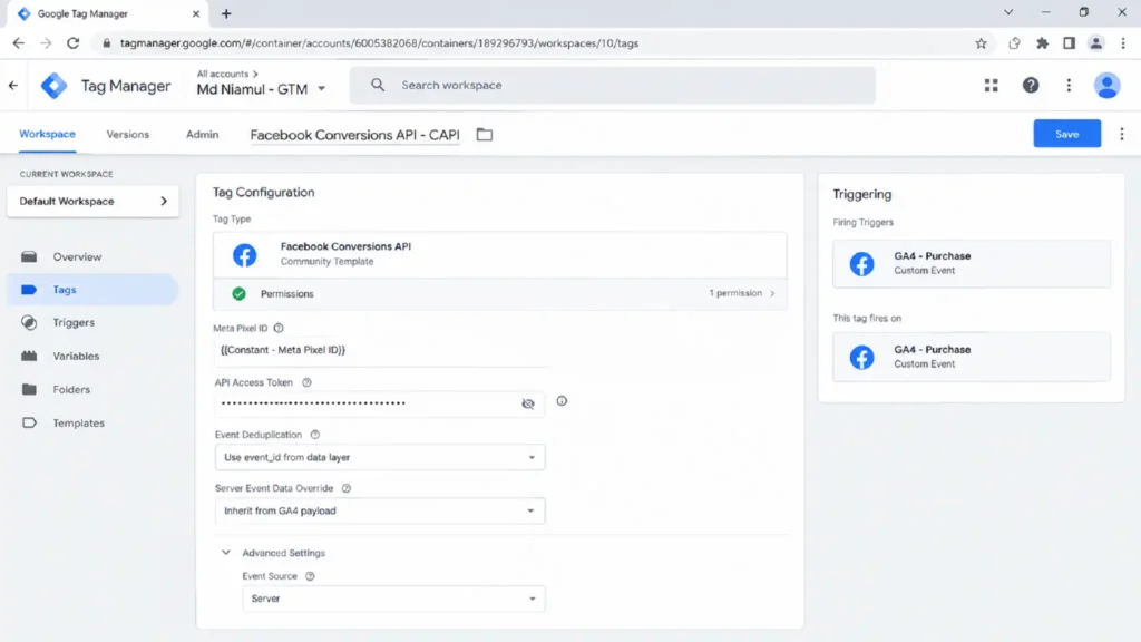 Server-side Google Tag Manager tag configuration screen for "Facebook Conversions API - CAPI" showing Meta Pixel ID variable mapping, API Access Token, event deduplication settings, GA4 payload inheritance, and "GA4 - Purchase" custom event trigger.
