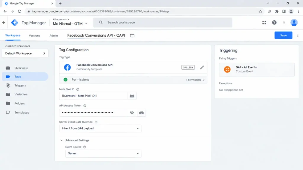 Google Tag Manager server container interface showing "Facebook Conversions API - CAPI" tag configuration with Meta Pixel ID variable, hidden API access token, "Inherit from GA4 payload" override, and "GA4 - All Events" custom event trigger.