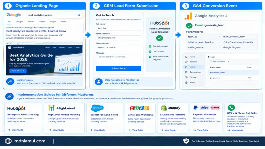 Technical workflow diagram showing 3 main stages: Organic Landing Page entry (seo_entry_landing), CRM Lead Form Submission (HubSpot form), and GA4 Conversion Event (generate_lead with initial landing and traffic source parameters), alongside multi-platform implementation guide cards for HubSpot, HighLevel, Salesforce, Zoho, Shopify, Stripe, and Offline sales.