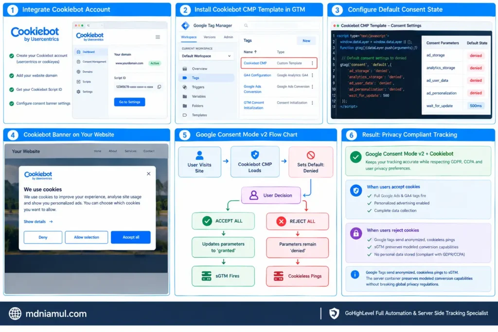 Technical setup infographic titled "Google Consent Mode v2 + Cookiebot Setup Guide" detailing 6 key stages: Cookiebot account integration, GTM CMP template installation, default consent state configuration, website cookie banner UI, decision flow chart for accepted/rejected consent, and privacy-compliant tracking results.