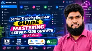 Server-side tracking control panel interface titled "Senior Tracking Engineer GUIDE - MASTERING SERVER-SIDE GROWTH by MD Niamul" showing real-time event counts, conversion metrics, event quality scores, server uptime, event traffic sources, and server-side GTM flow architecture.