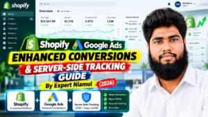 Google Ads dashboard screenshot titled "Fix Google Ads ENHANCED CONVERSIONS TRACKING LEAD FORMS & CALL TRACKING by MD Niamul" showing active campaign performance metrics, Enhanced Conversions status panel with active tag verification, lead form and phone call conversion metrics, and 4-step tracking data flow cards.