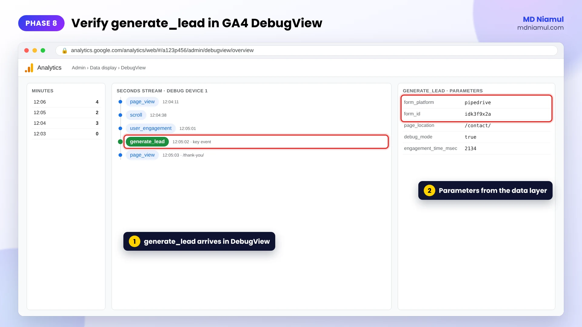 GA4 DebugView showing a generate_lead event from a Pipedrive form with form_platform and form_id parameters.