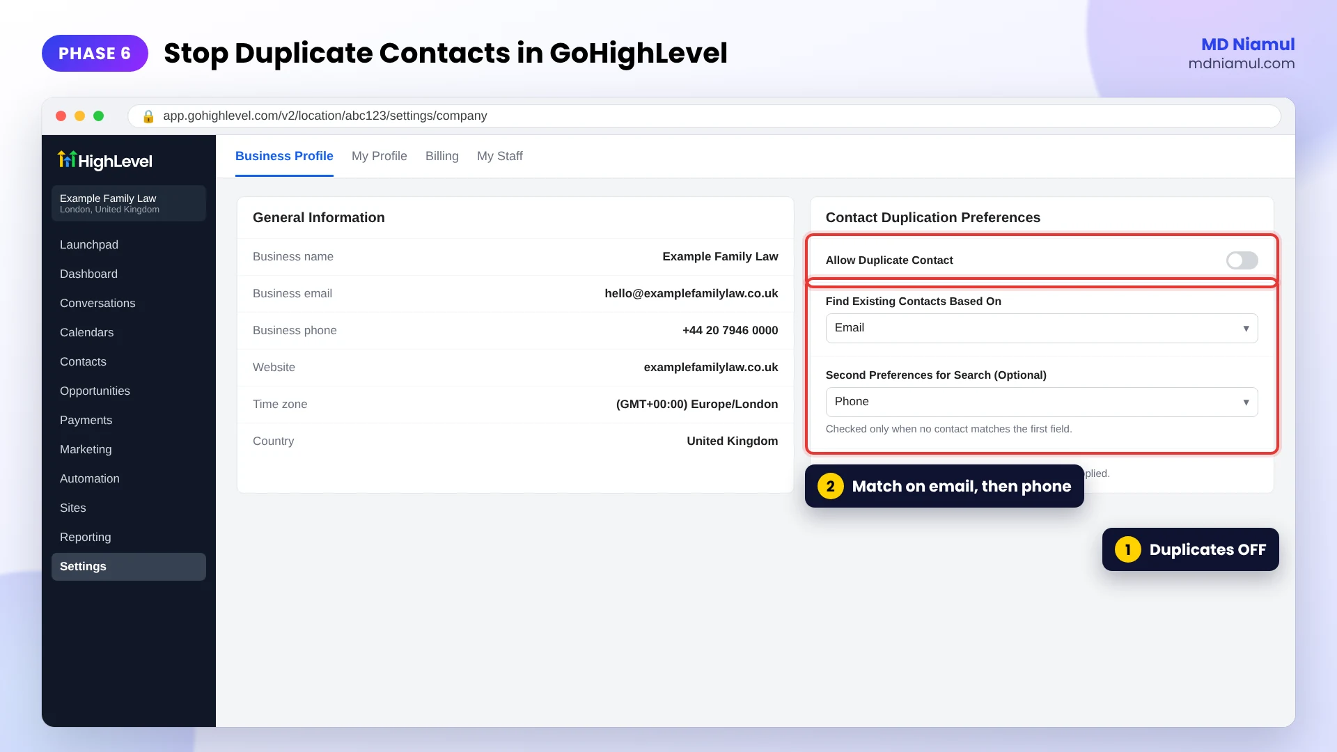 GoHighLevel Contact Duplication Preferences with Allow Duplicate Contact turned off and email then phone matching.