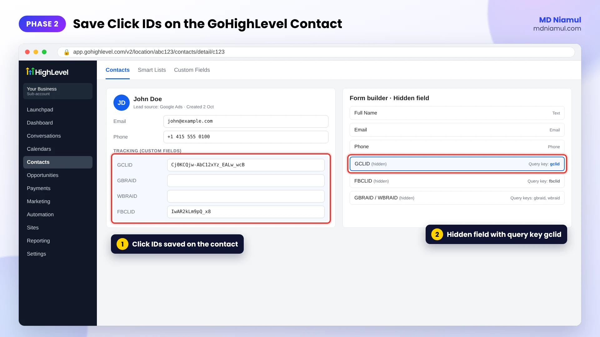 GoHighLevel contact custom fields for GCLID, GBRAID, WBRAID and FBCLID filled from hidden form fields.