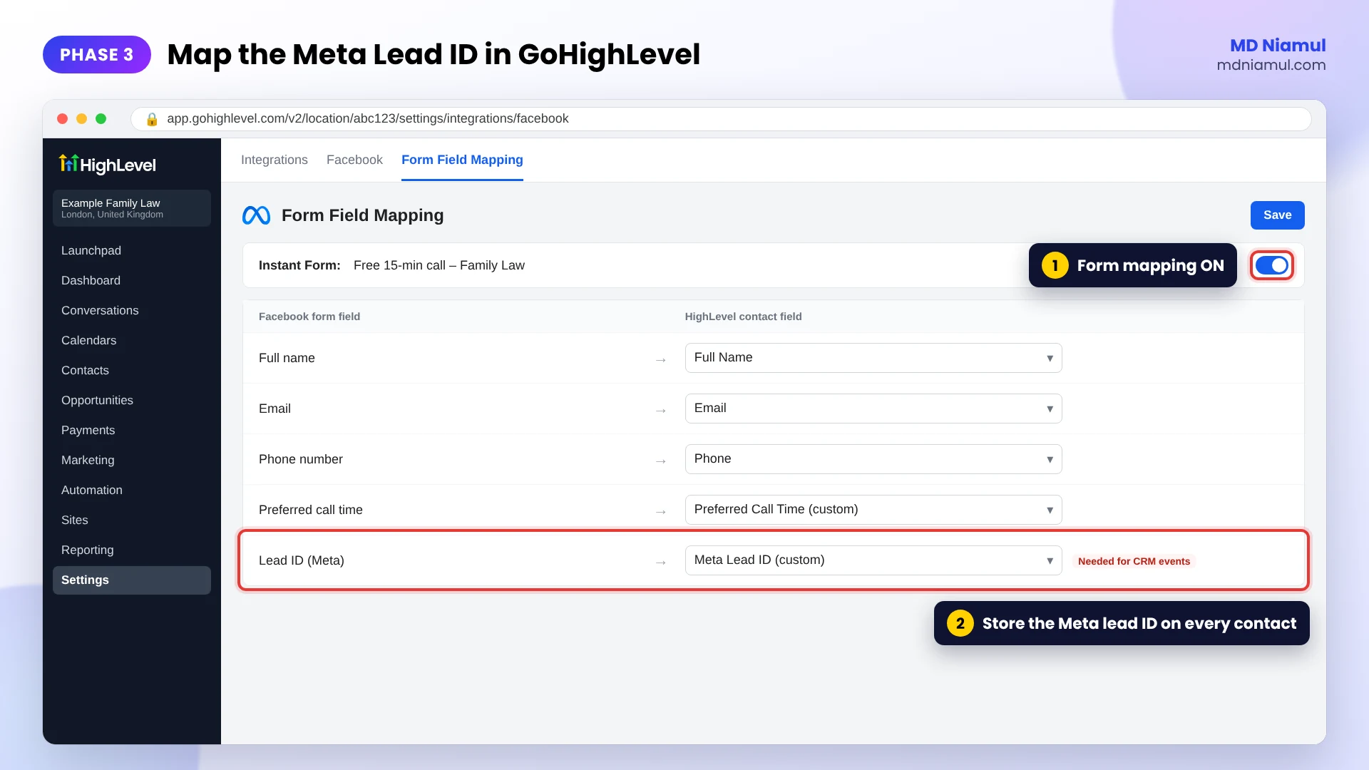 GoHighLevel Facebook integration form field mapping with the Meta lead ID stored on the contact.