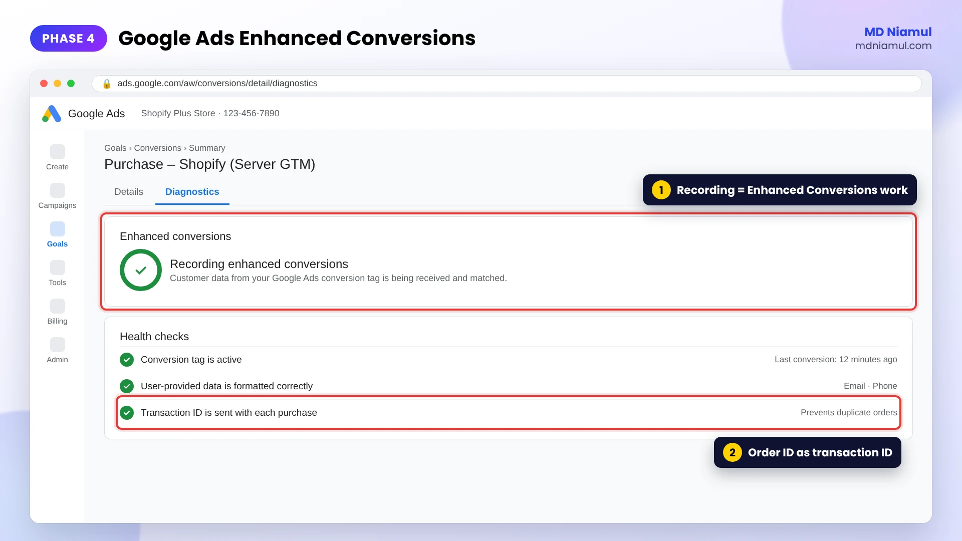 Google Ads conversion action diagnostics showing Enhanced Conversions recording for Shopify Plus purchases.