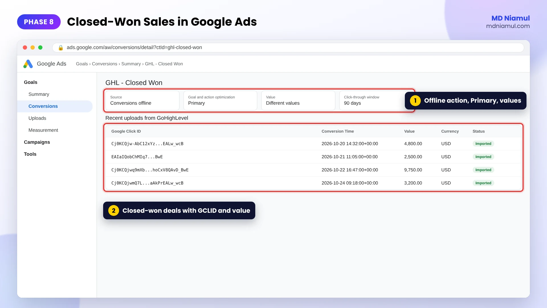 Google Ads conversion action GHL Closed Won showing imported GoHighLevel sales with values for value bidding.