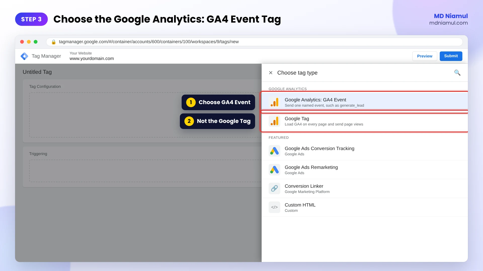 Google Tag Manager Choose tag type panel with Google Analytics: GA4 Event selected for a Pipedrive lead tag.