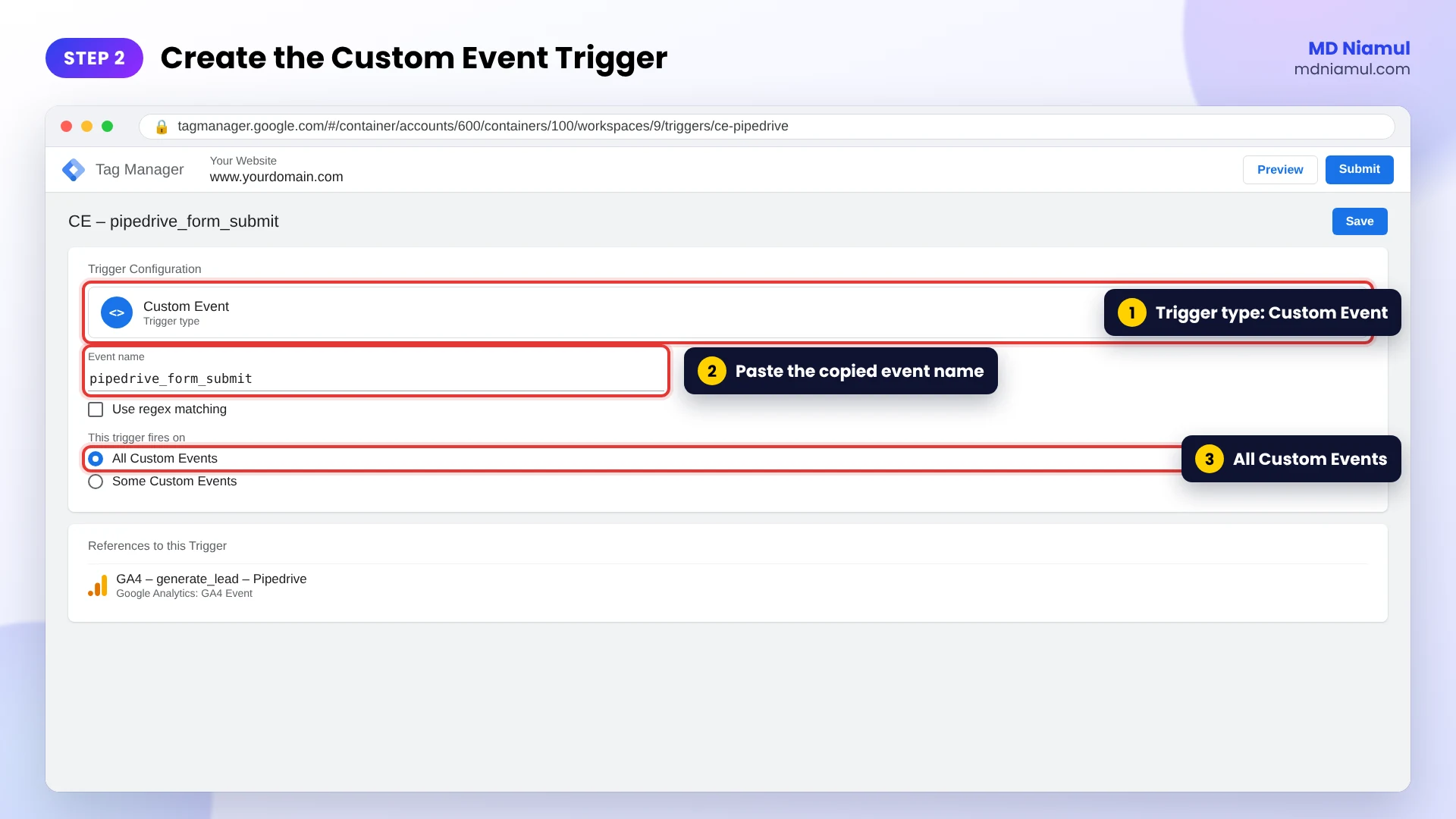 Google Tag Manager Custom Event trigger with the event name pipedrive_form_submit firing on All Custom Events.