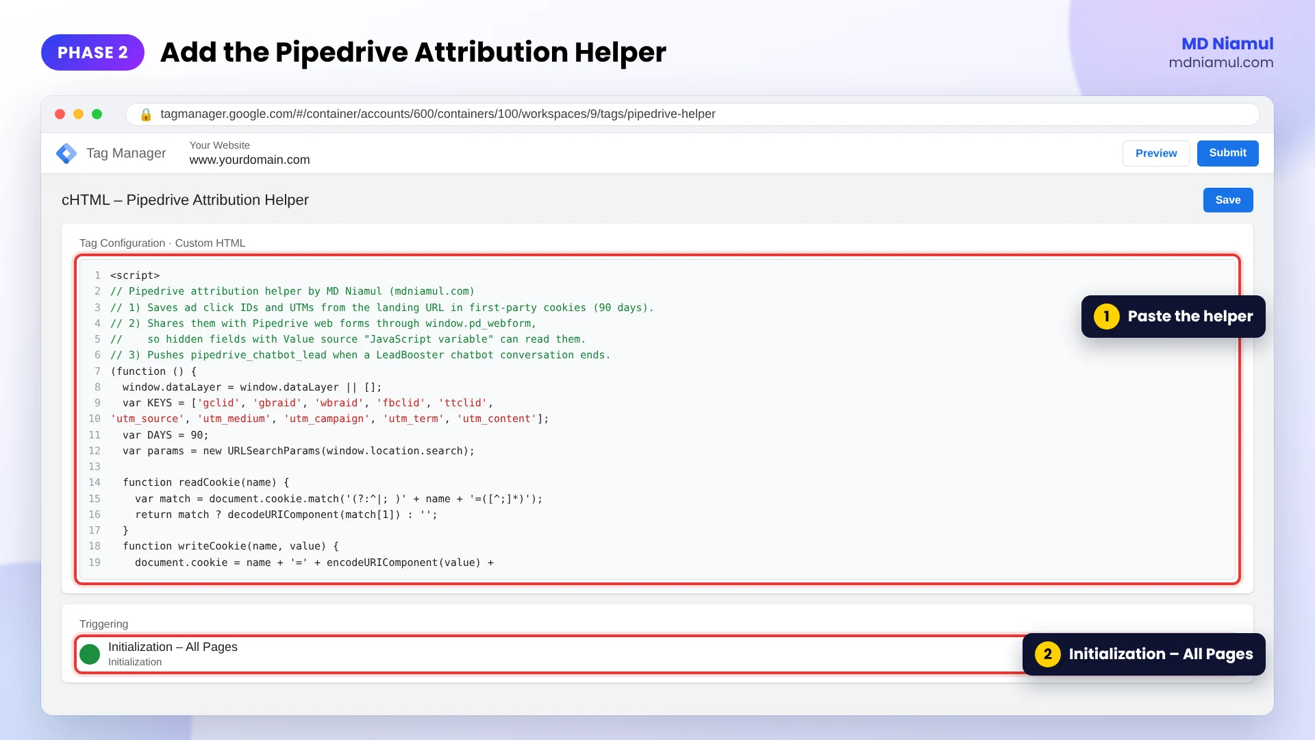 Google Tag Manager Custom HTML tag with the Pipedrive attribution helper firing on Initialization All Pages.