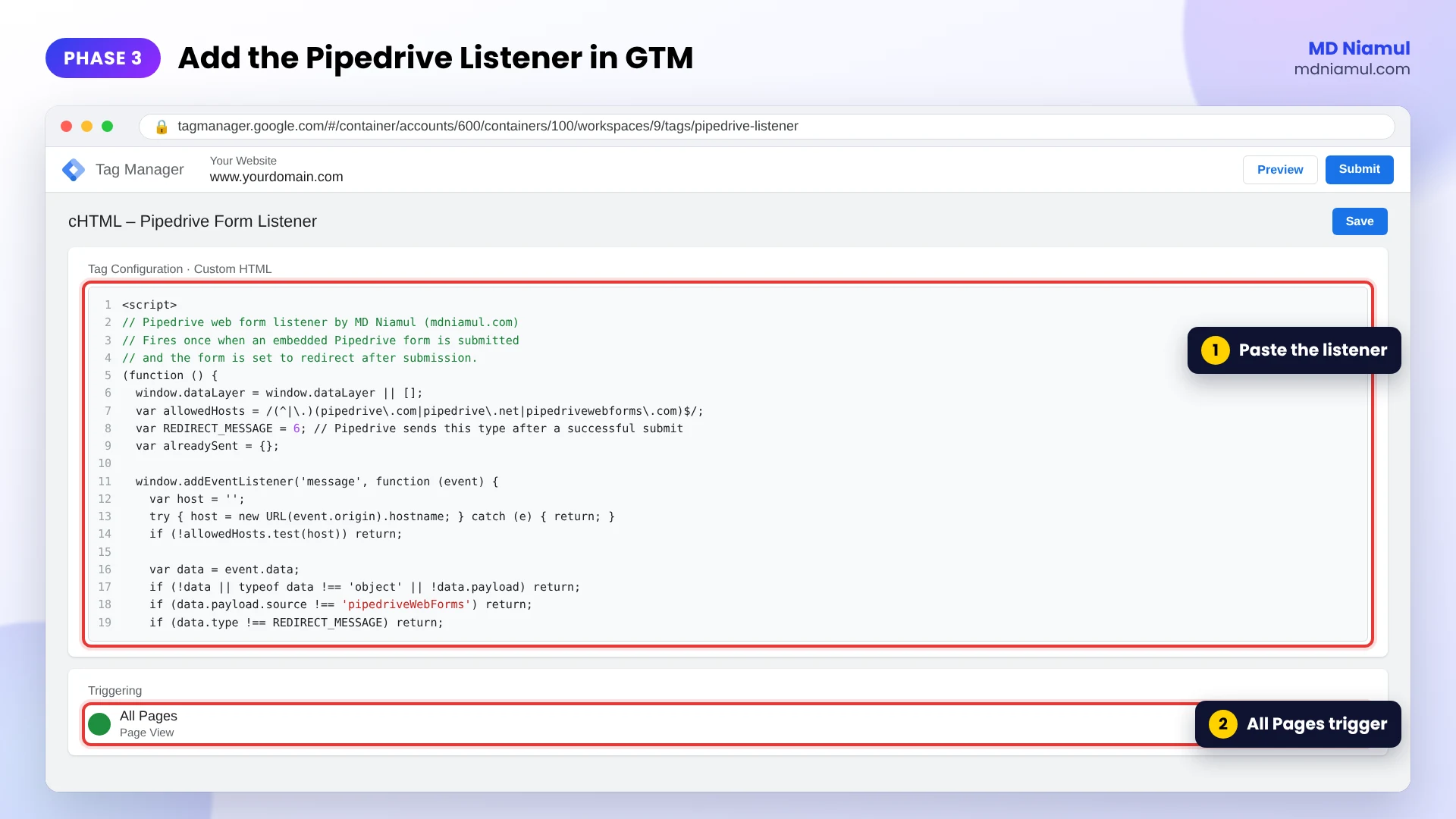 Google Tag Manager Custom HTML tag with the Pipedrive form listener code firing on All Pages.