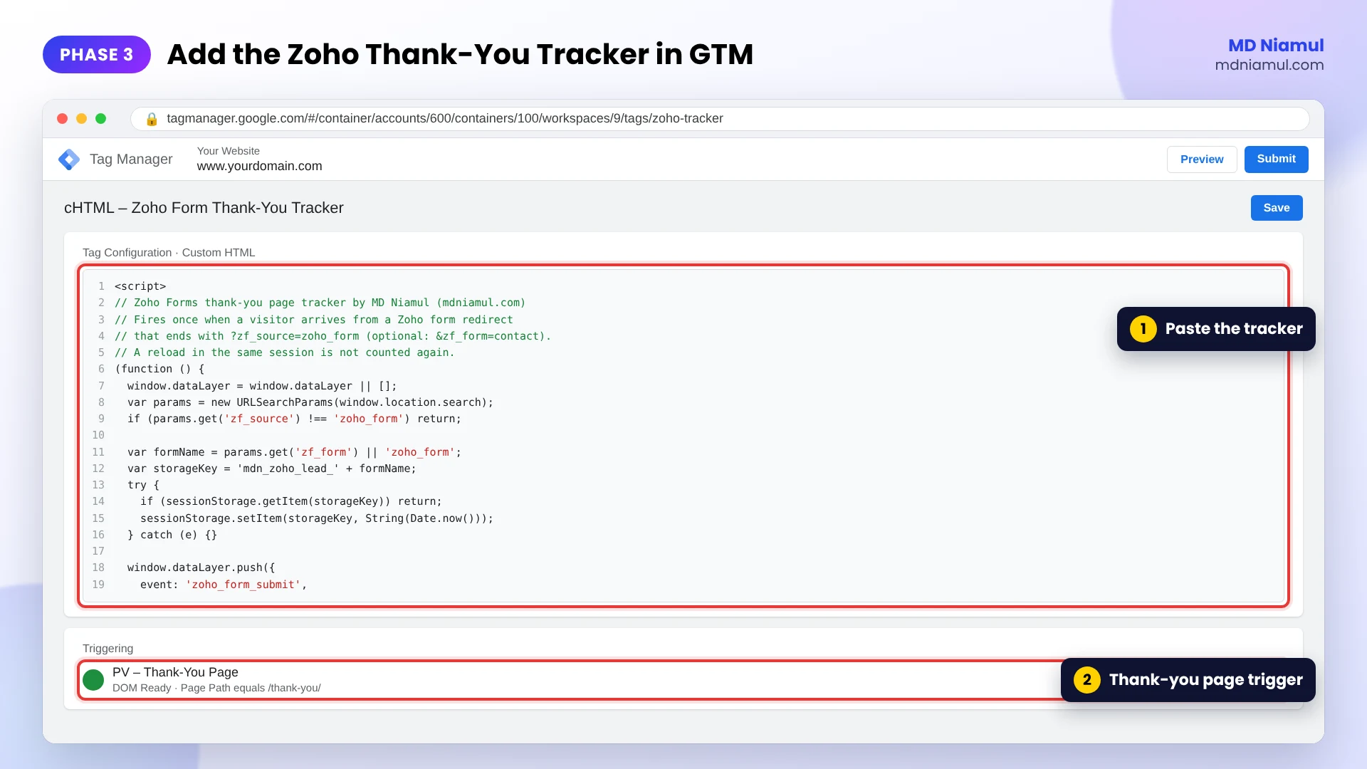 Google Tag Manager Custom HTML tag with the Zoho Forms thank-you page tracker on a Page View trigger.