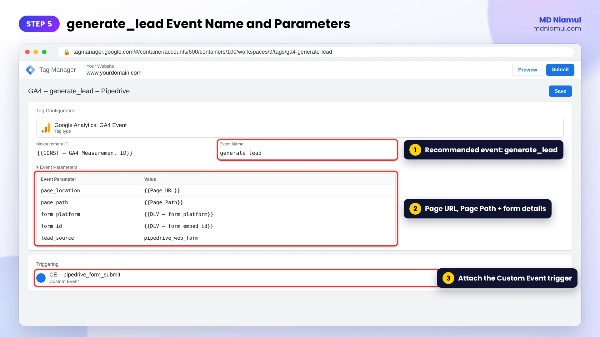 GA4 Event tag in GTM with generate_lead and parameters page_location, page_path, form_platform and form_id.