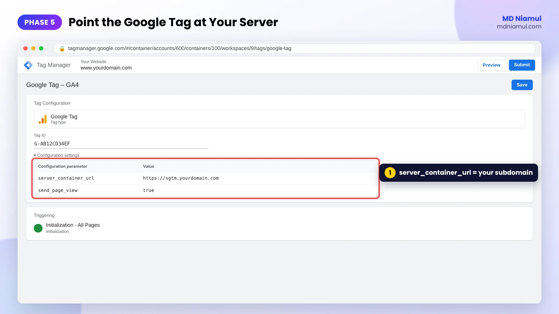 GTM web container Google tag with the server_container_url configuration parameter set to the custom subdomain.