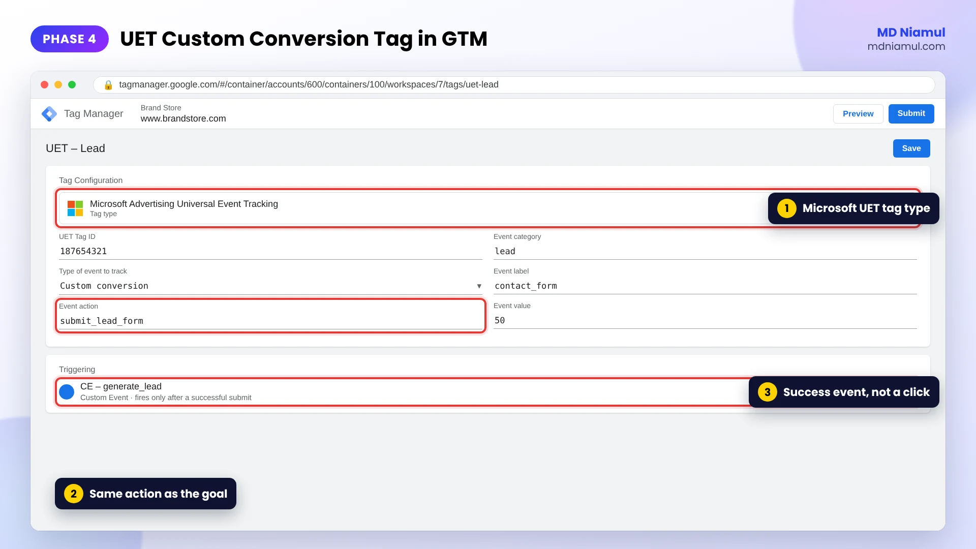 Google Tag Manager Microsoft Advertising Universal Event Tracking tag set to a custom conversion for a lead form event.
