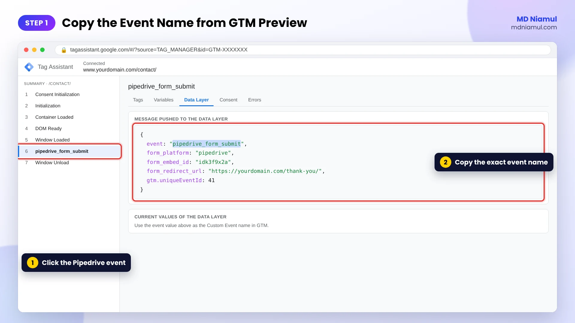 GTM Preview Data Layer tab showing the pipedrive_form_submit event name to copy for a Custom Event trigger.