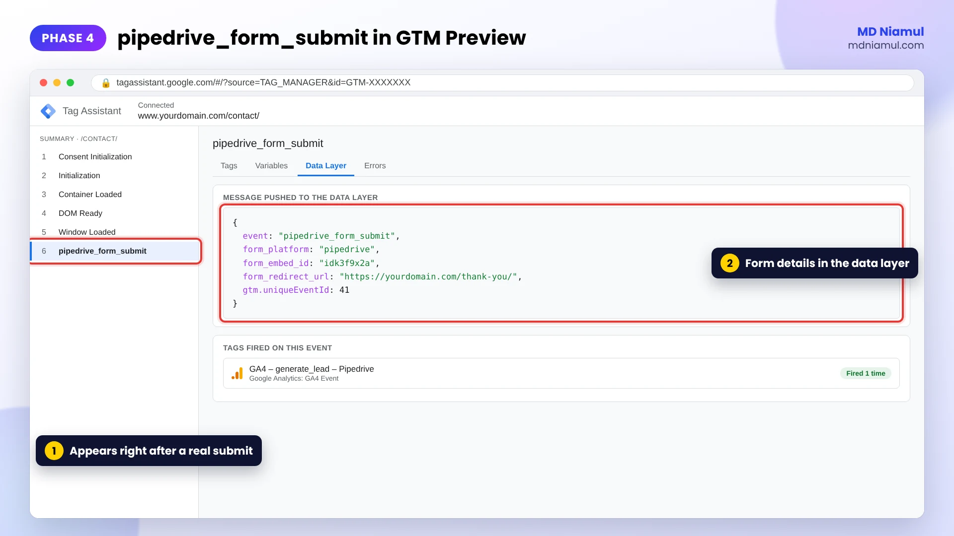 GTM Preview showing the pipedrive_form_submit event with form_platform and form_embed_id in the data layer.