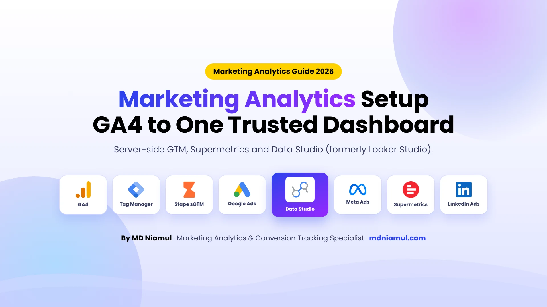 Marketing analytics setup with GA4, Google Tag Manager, Stape, Supermetrics and a Data Studio (Looker Studio) dashboard.