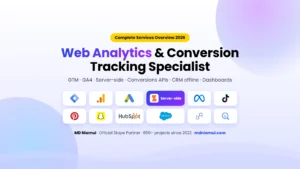 MD Niamul web analytics and conversion tracking specialist services with GTM, GA4, Stape, Meta and CRM logos.