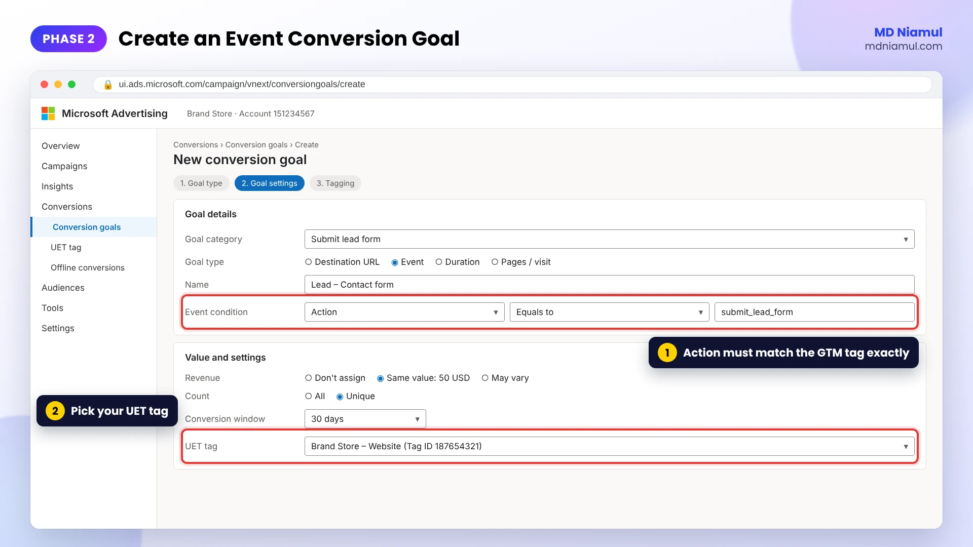 Microsoft Advertising conversion goal setup with an event goal, action equals submit_lead_form and the UET tag selected.