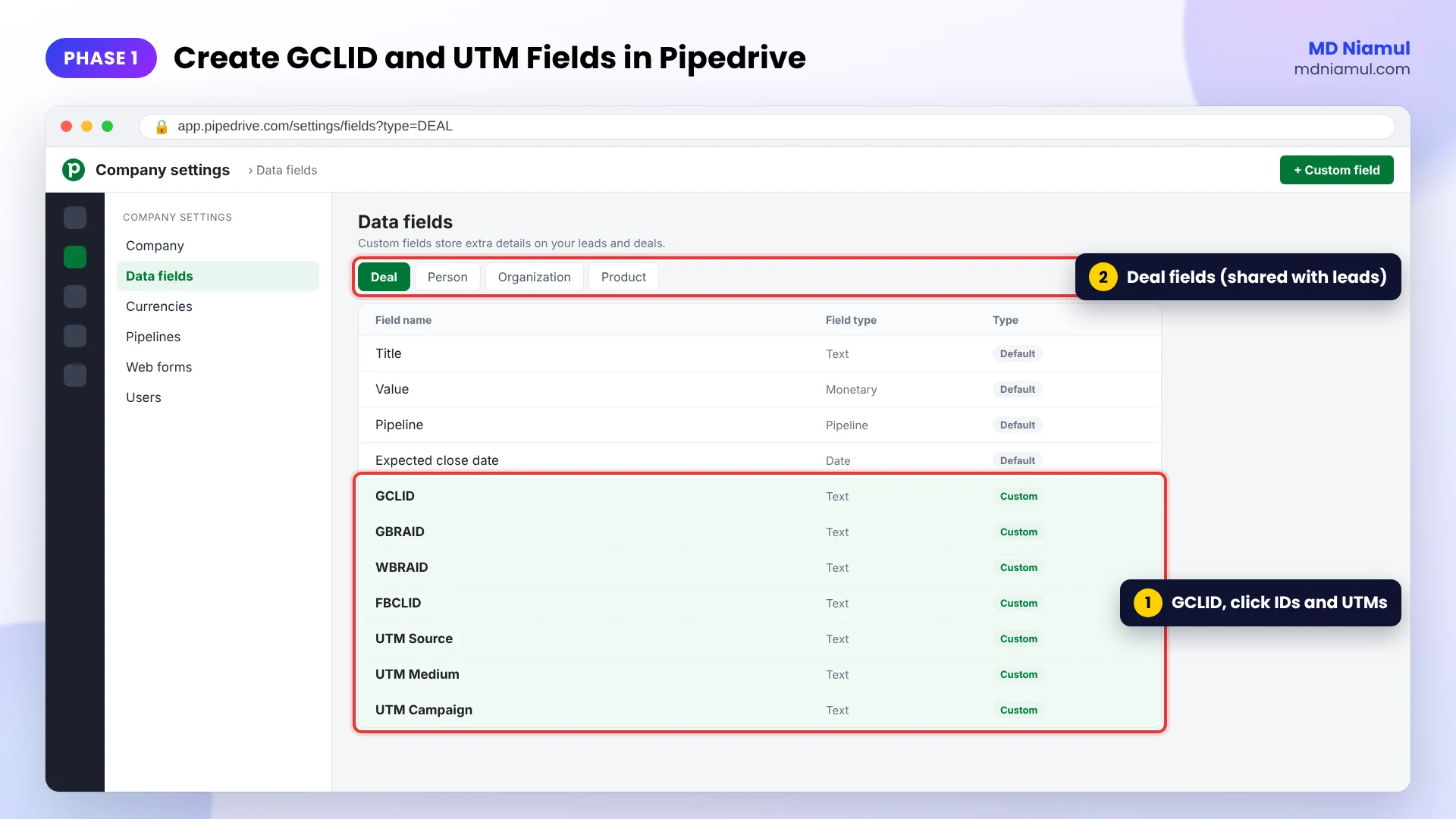 Pipedrive Company settings Data fields with GCLID, GBRAID, WBRAID, FBCLID and UTM custom fields on deals.