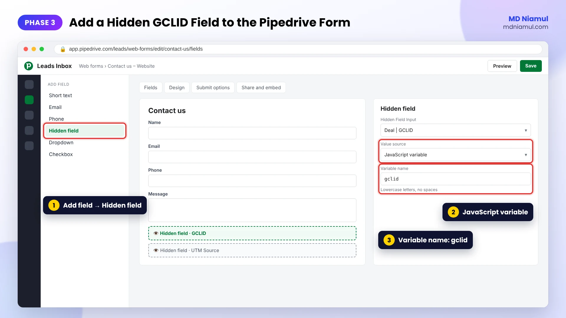 Pipedrive web form hidden field mapped to GCLID with Value source JavaScript variable and variable name gclid.
