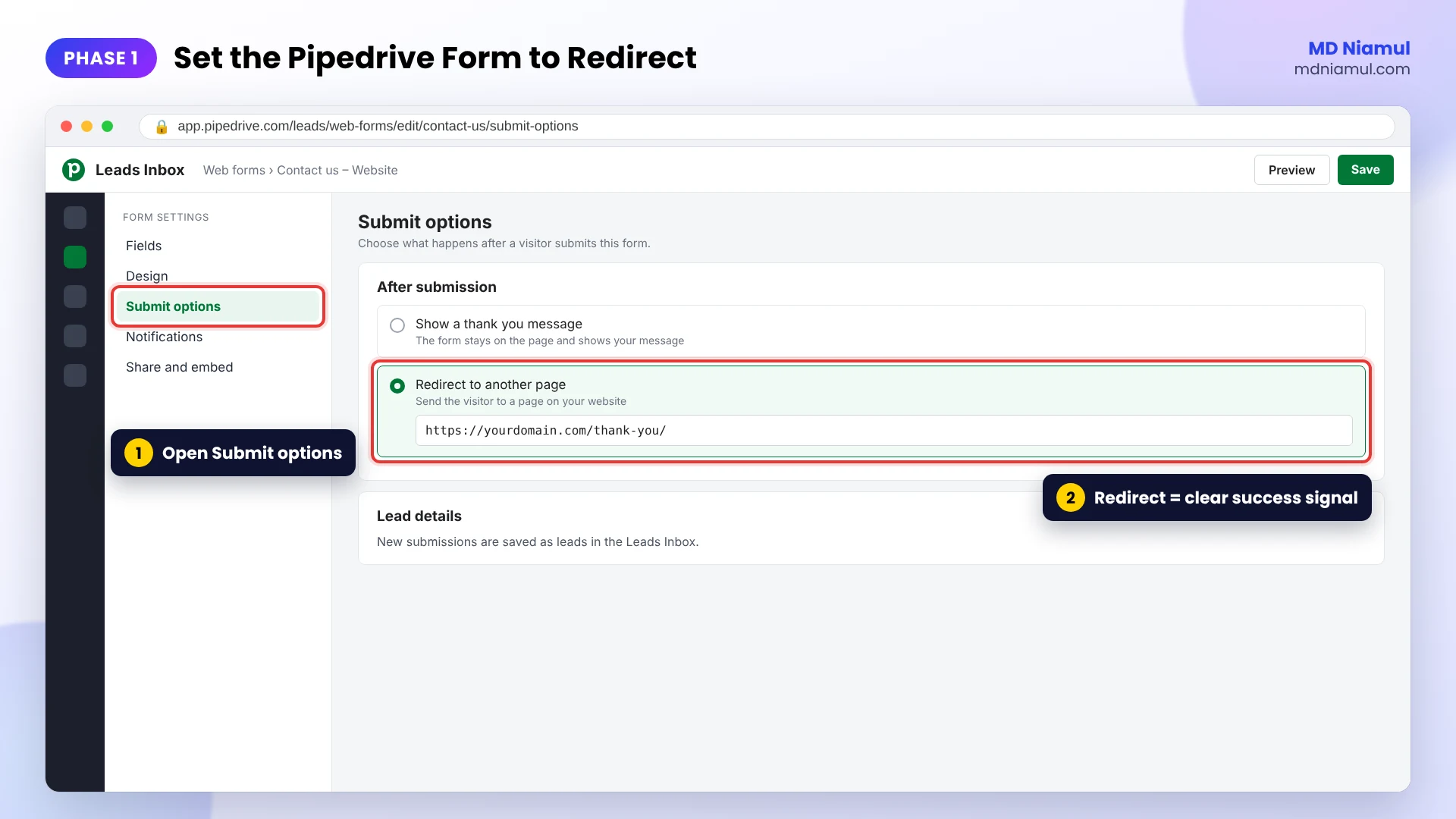 Pipedrive web form Submit options set to redirect to a thank-you page after submission for GA4 tracking.