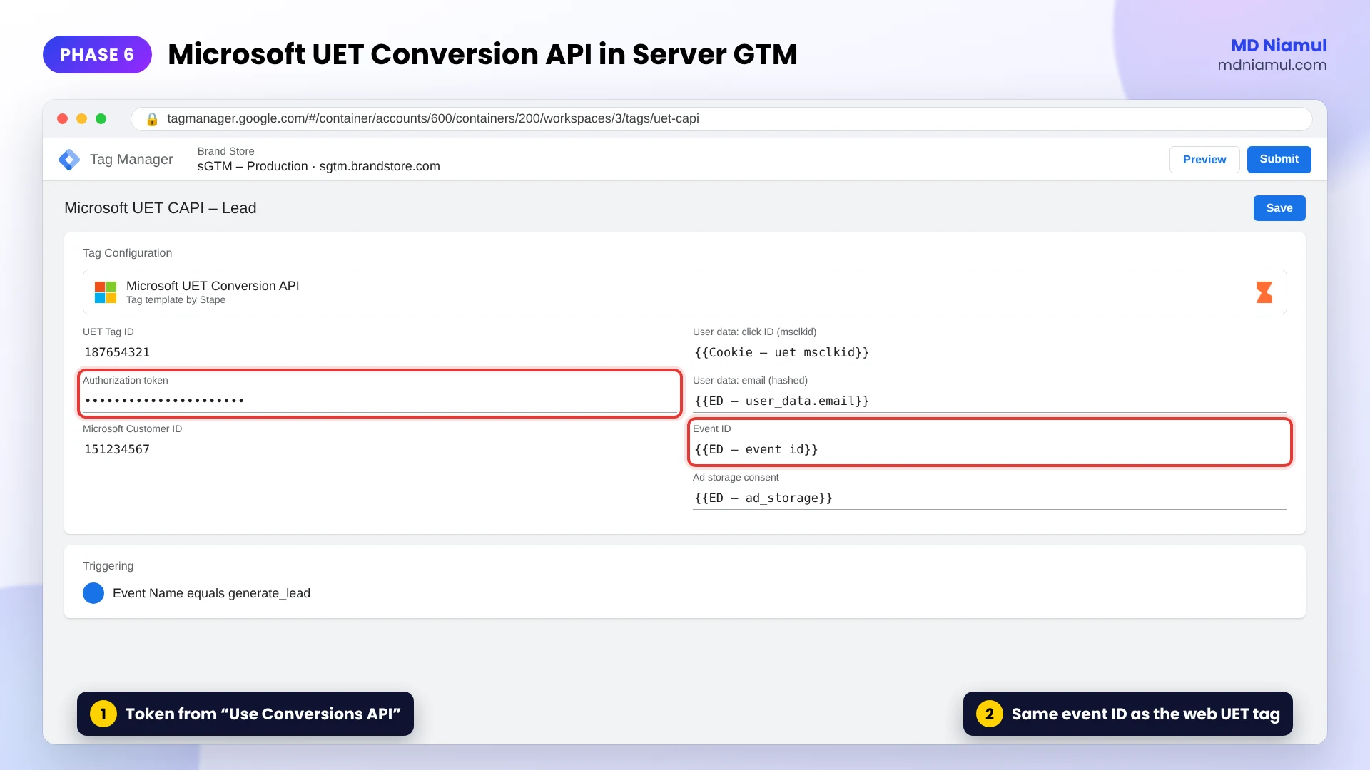 Server-side Google Tag Manager with the Microsoft UET Conversion API tag configured on Stape with an event ID.