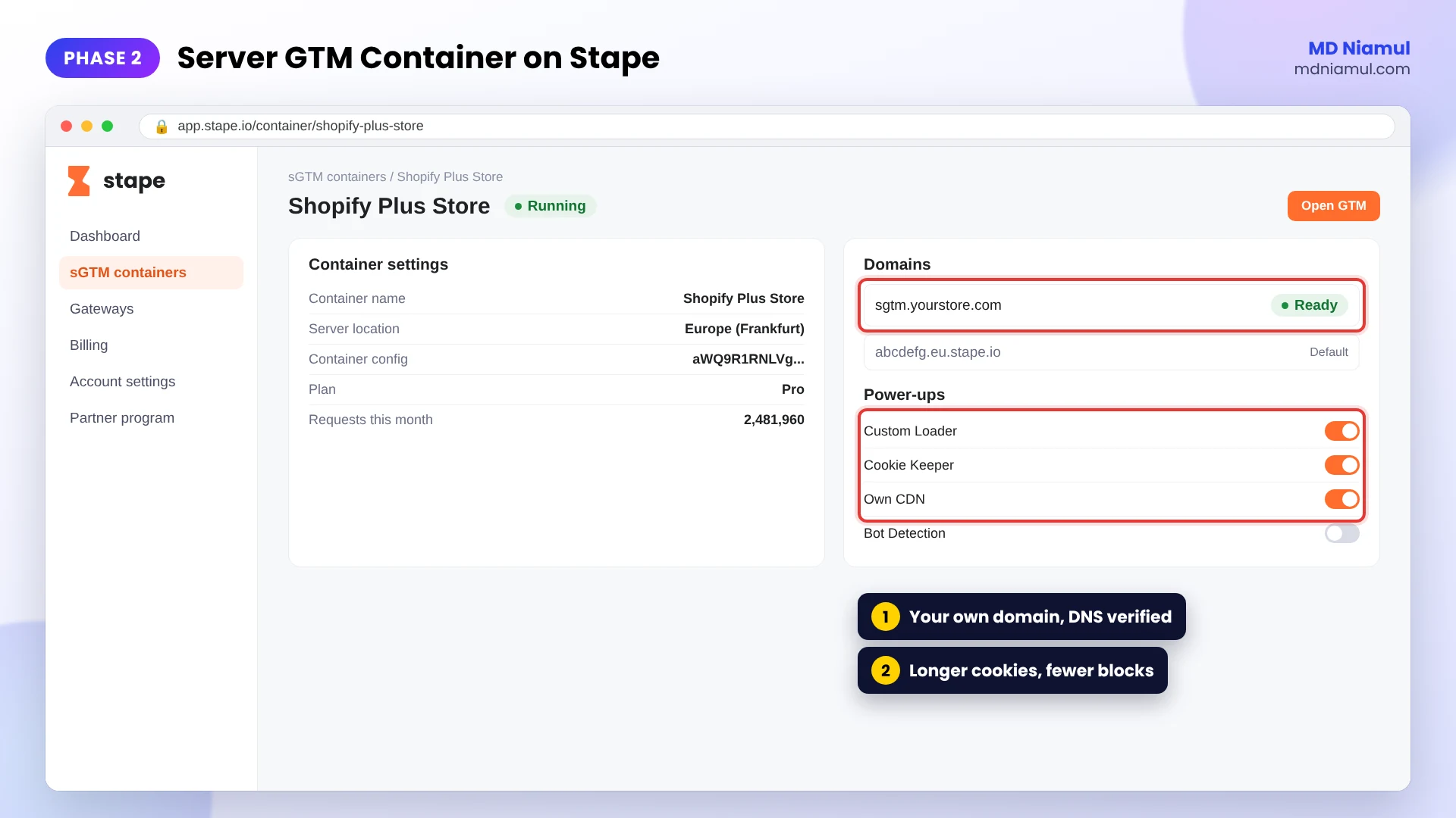 Stape dashboard showing a running server GTM container with a custom domain for Shopify Plus server-side tracking.
